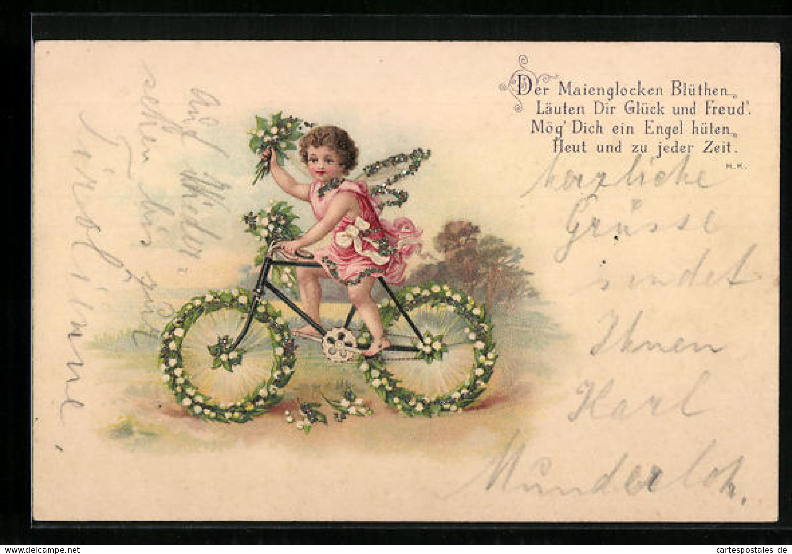 Lithographie Pfingstgruss, Engel Auf Einem Mit Maiglöckchen Geschmückten Fahrrad  - Angeles