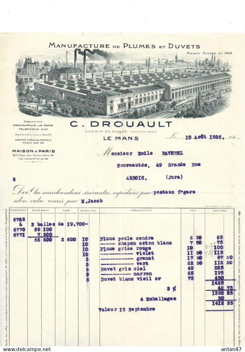 3 Factures Illustrées (usine) 1926-52-53 / 72 LE MANS / 75011 PARIS / Plumes & Duvets / .DROUAULT - 1900 – 1949