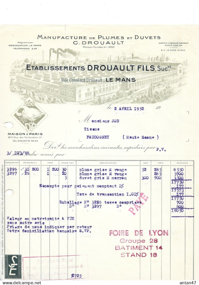 3 Factures Illustrées (usine) 1926-52-53 / 72 LE MANS / 75011 PARIS / Plumes & Duvets / .DROUAULT - 1900 – 1949