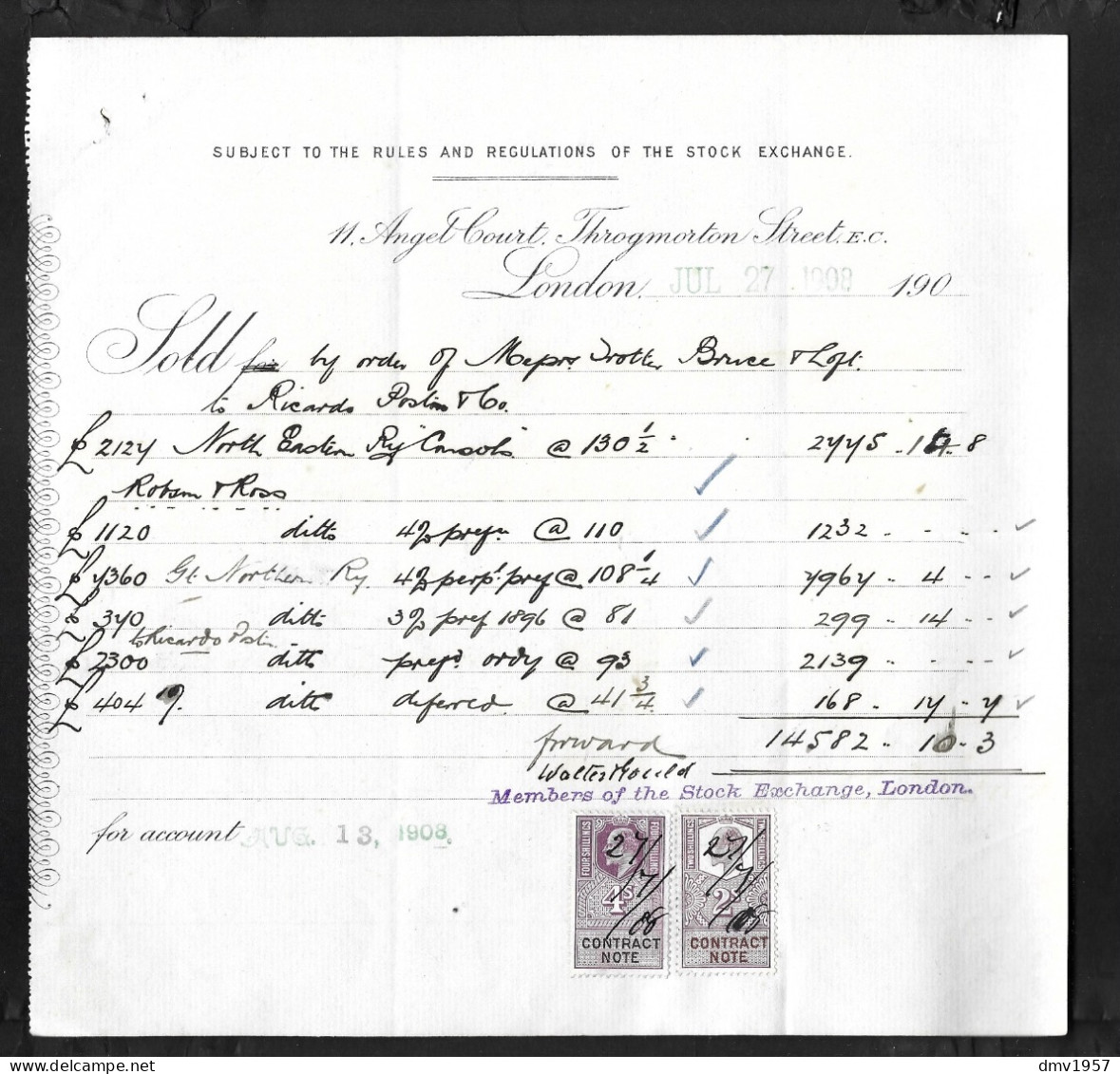 Great Britain 1908 KEVII 2/- & 4/- Purple Contract Notes On Piece - Steuermarken