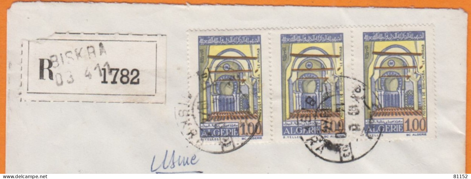 Algérie Lettre Recommandée De BISKRA 1974   Avec Une BANDE De 3  Pour 92 NANTERRE - Algerije (1962-...)