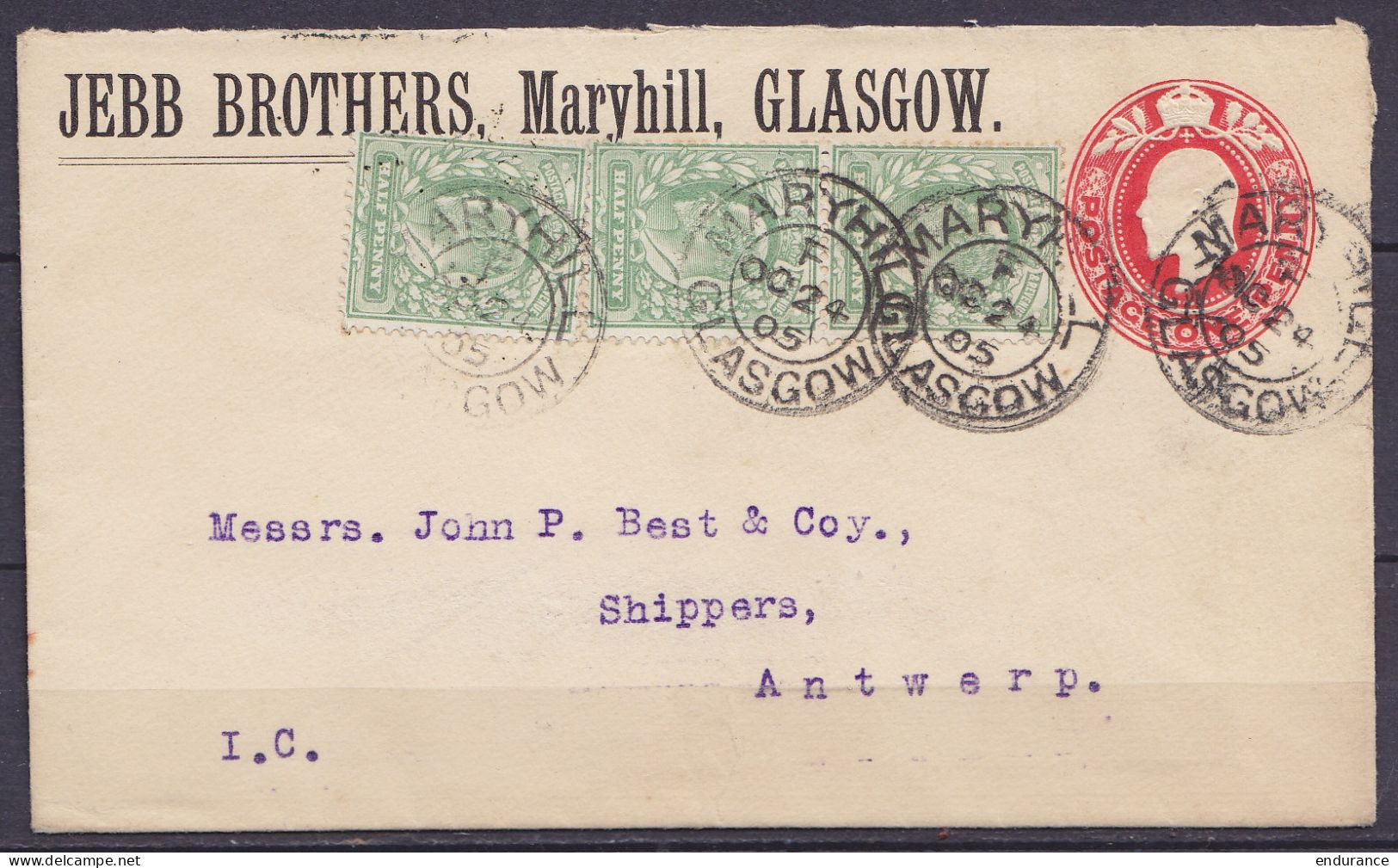 Ecosse - EP Env. 1d Repiquée "Jebb Brothers, Maryhill, Glasgow" + 3x ½d Càd "MARYHILL /OC 24 1905/ GLASGOW" Pour ANTWERP - 1893-1907 Armarios