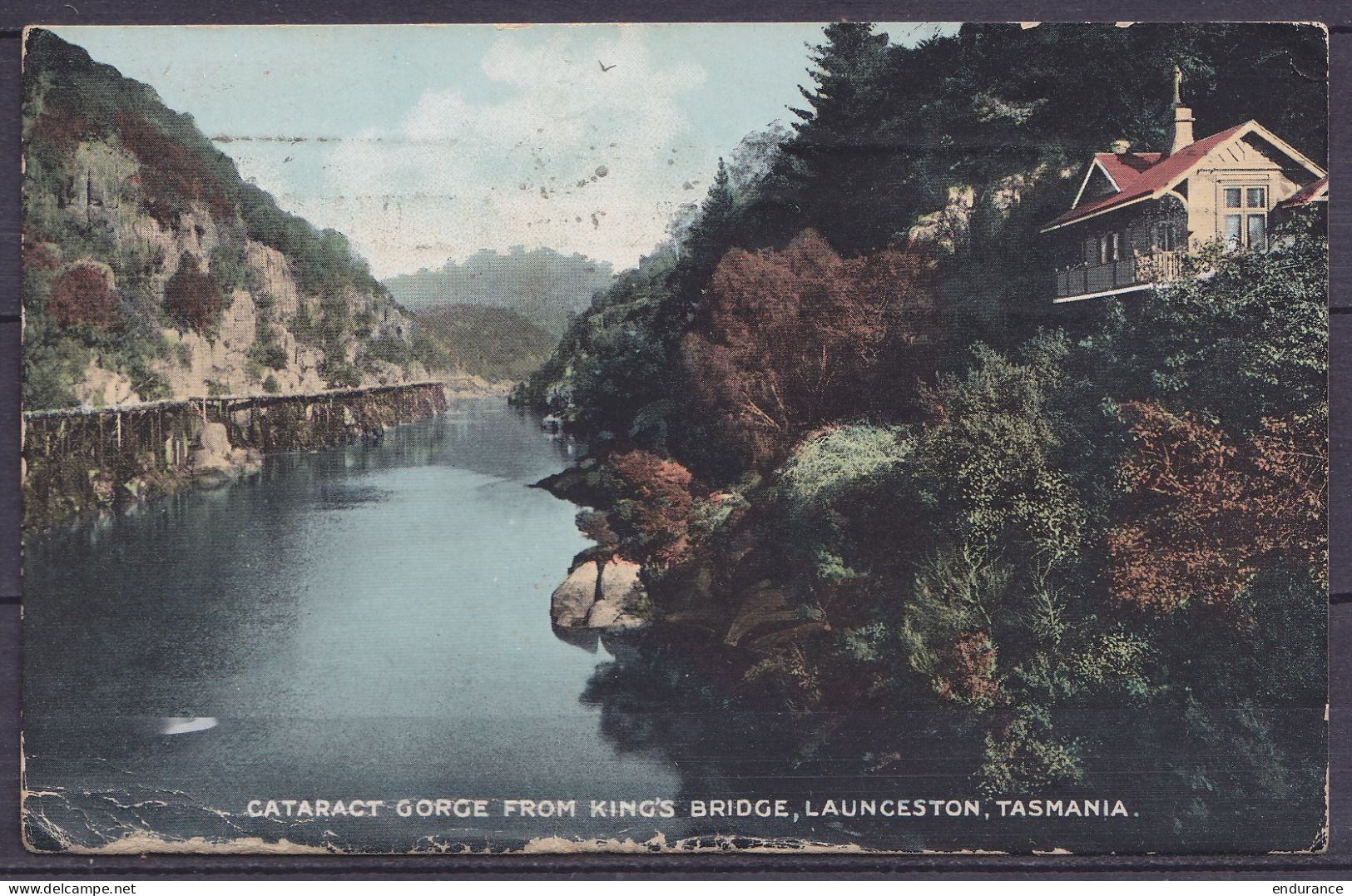 Australie - CP Colorisée "King's Bridge Launceston" Affr. 1½d Flam. "LAUNCESTON /21 SEP. 1917/ TASMANIA" Pour MARSEILLE  - Lettres & Documents