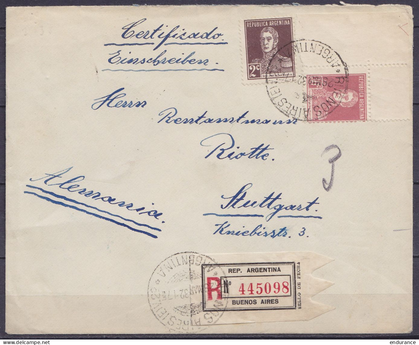 Argentine - Env. Recommandée Affr. 32c Càd BUENOS AIRES /28 MAR 1932/ ARGENTINA" Pour STUTTGART Allemagne (au Dos: Càd B - Cartas & Documentos