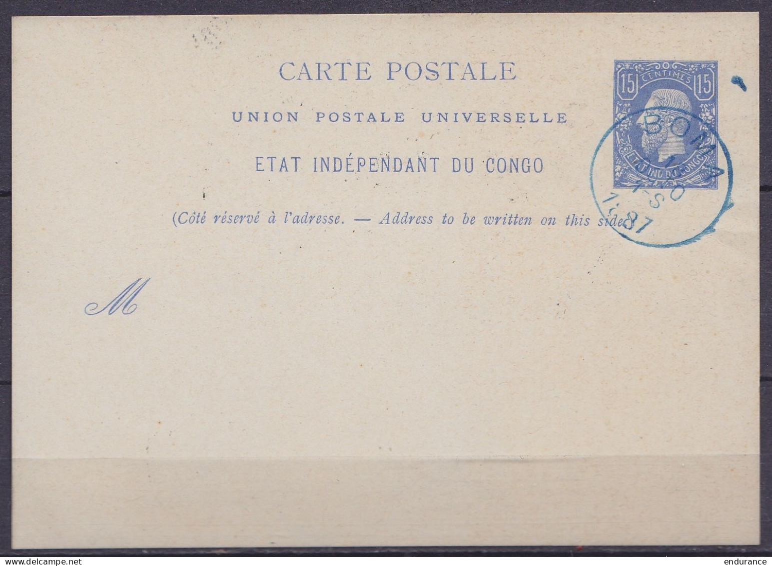 Etat Indépendant Du Congo - EP CP 15c Bleu (type N°2) Oblit. Bleue BOMA /18 OCTO 1887 - Interi Postali