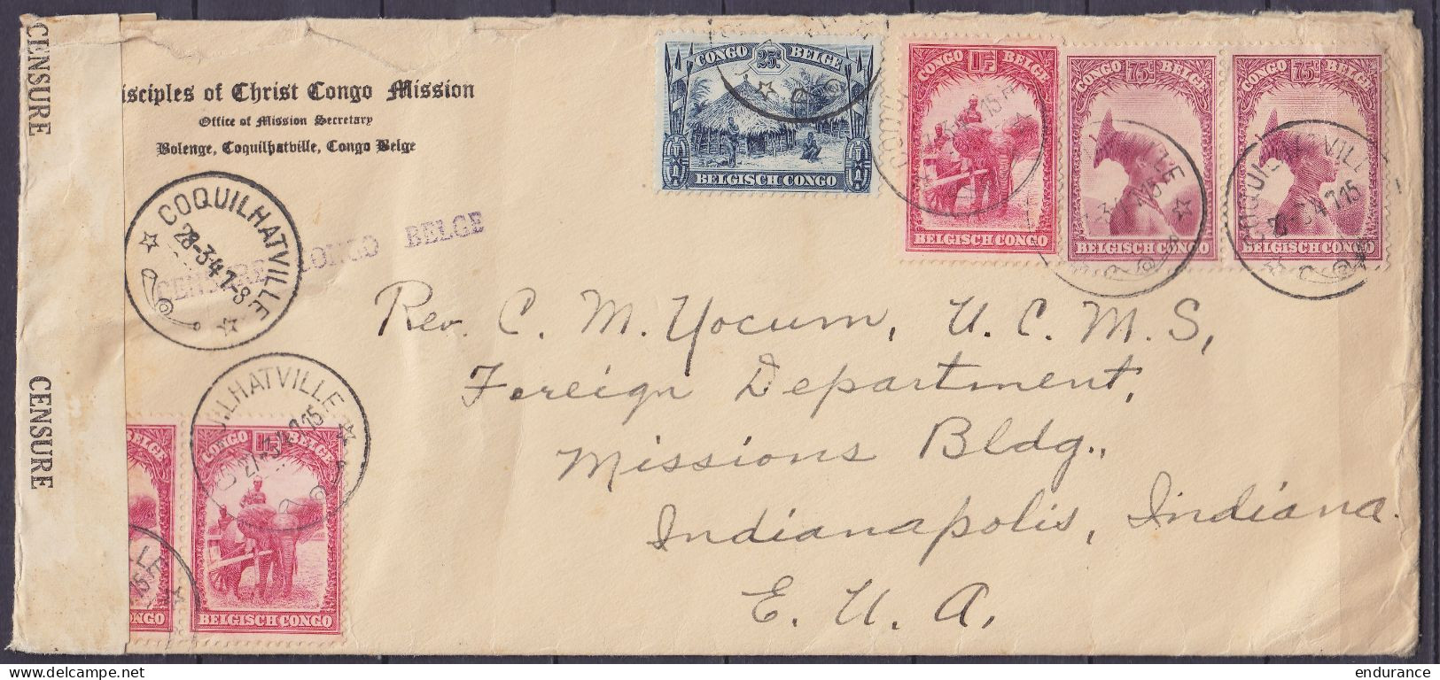 Congo Belge - Env. "Disciples Of Christ Congo Museum" Affr. N°171 + 2x N°175 + 3x N°176 Càd COQUILHATVILLE /28-3-1941 Po - Lettres & Documents