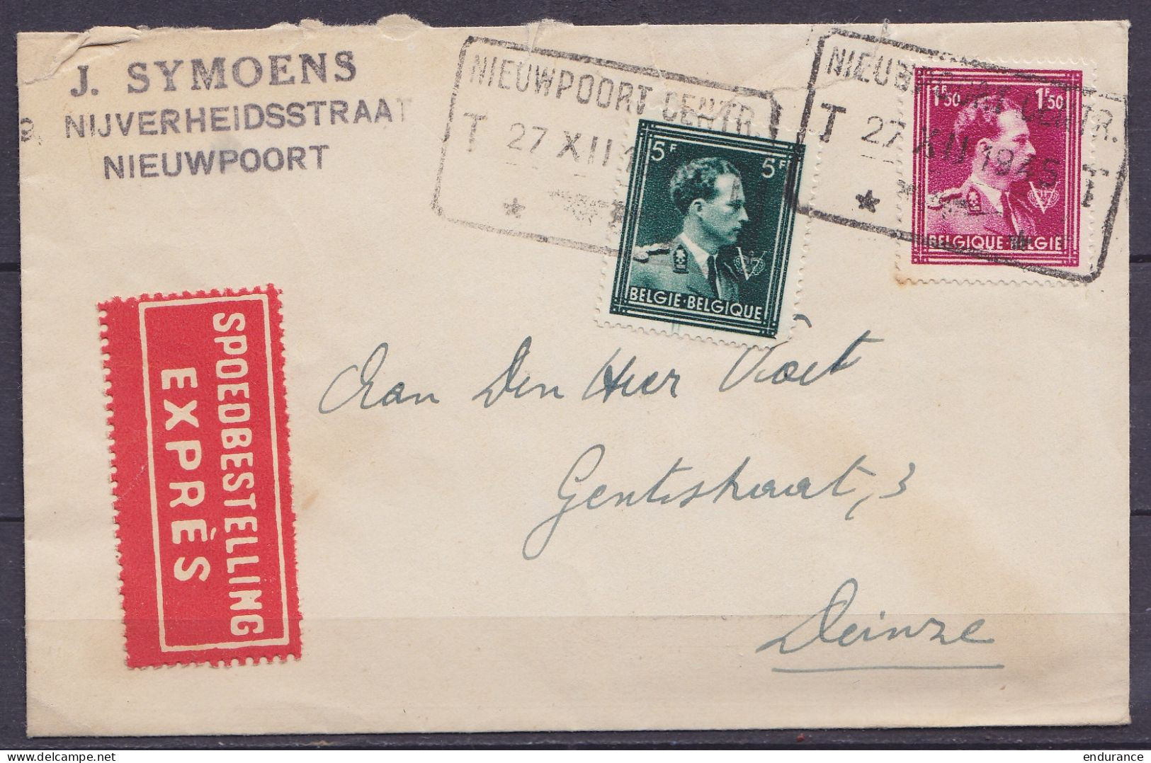 Env. En Exprès Affr. N°691+696 Càd ChdF [NIEUWPOORT CENTR. /27 XII 1945] Pour DEINZE - 1936-1957 Open Collar