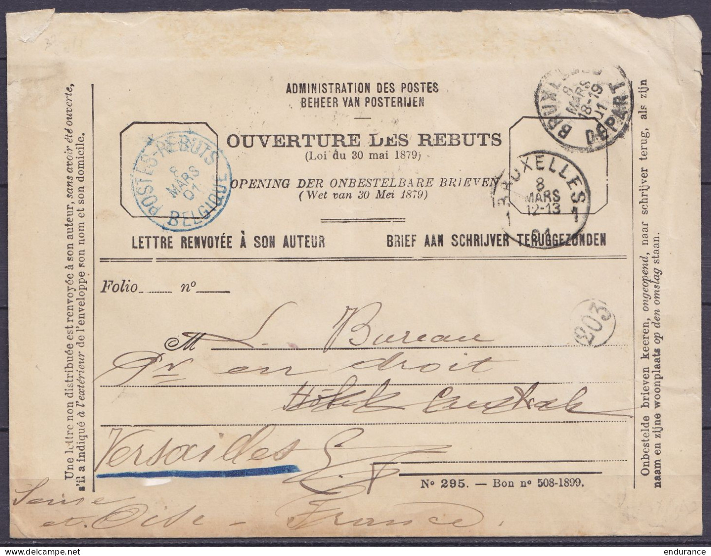 Env. Service Des Rebuts Pour Renvoi Aux Auteurs - Càd Bleu "POSTES-REBUTS /8 MARS 1901/ BELGIQUE" & BRUXELLES 1 & BRUXEL - 1893-1907 Armoiries