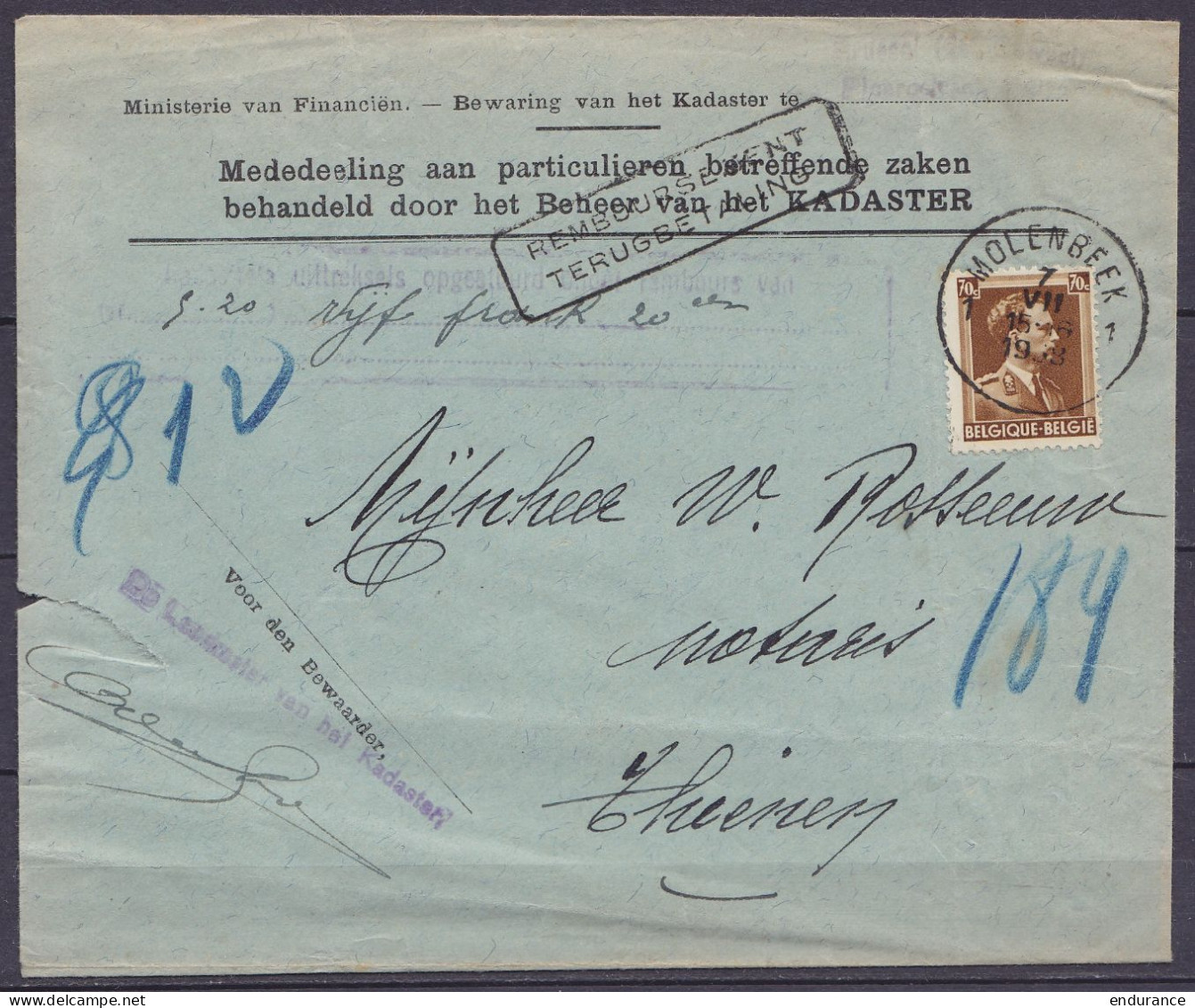 Env. "Ministerie Van Financiën - … Kadaster Te Brussel" Affr. N°427 Càd MOLENBEEK /7 III 1938 Pour THIENEN - Contre Remb - 1936-1957 Offener Kragen