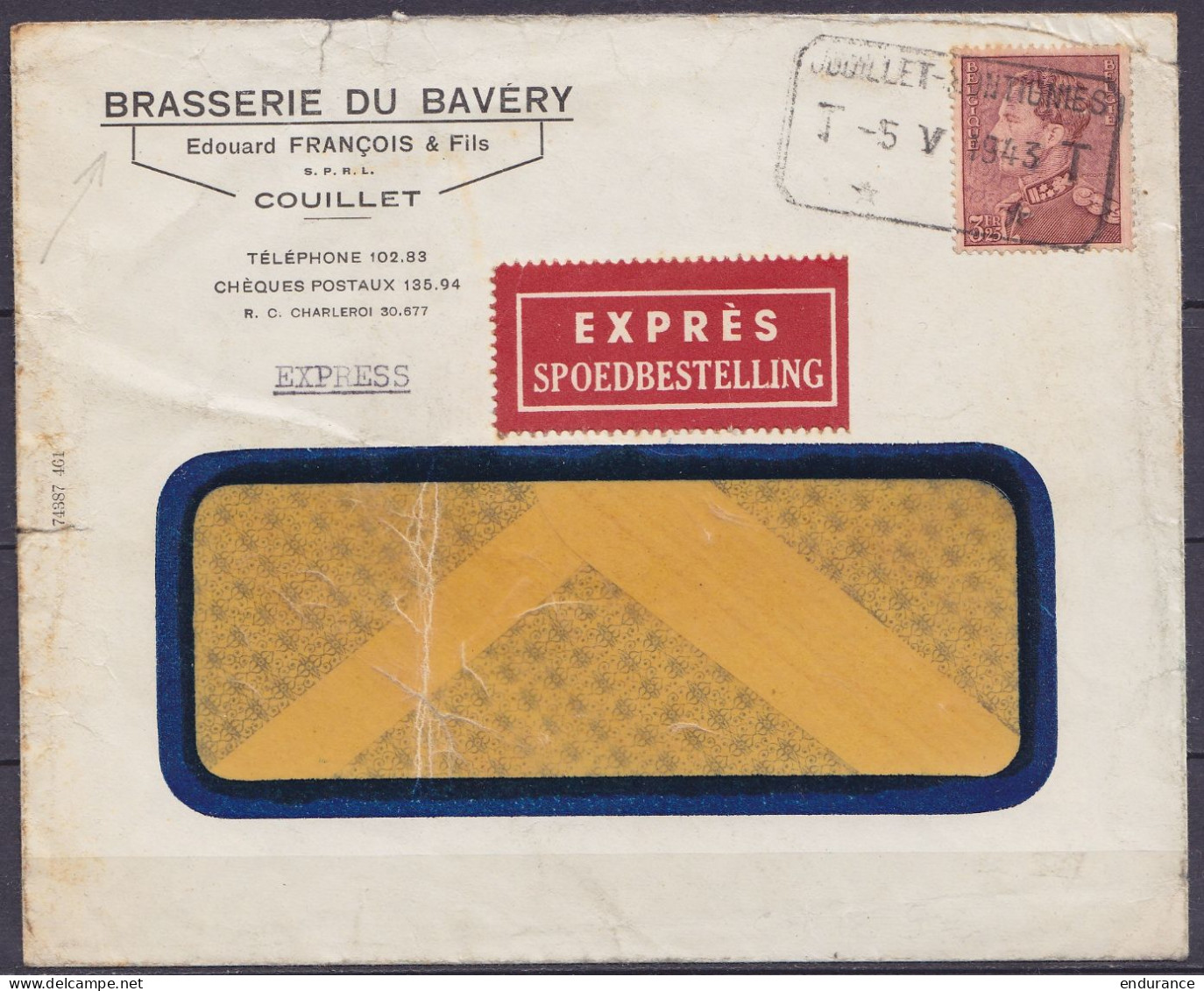 Env. "Brasserie Du Bavéry" En Exprès Affr. N°531 Càd ChdF [COUILLET-MONTIGNIES /-5 V 1943] - 1936-51 Poortman