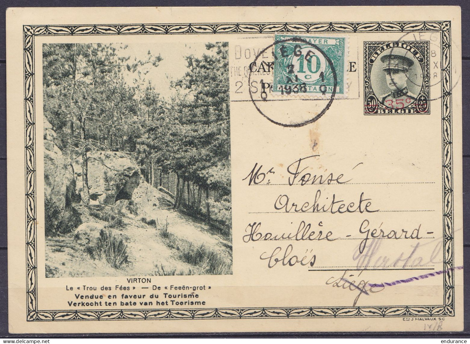 EP CP Illustrée Virton 50c+25c (type N°317) Surch. "35c" Flam. LIEGE /2 XI 1938 Pour E/V - Taxé 10c Càd LIEGE /2 XI 1938 - Briefkaarten 1934-1951