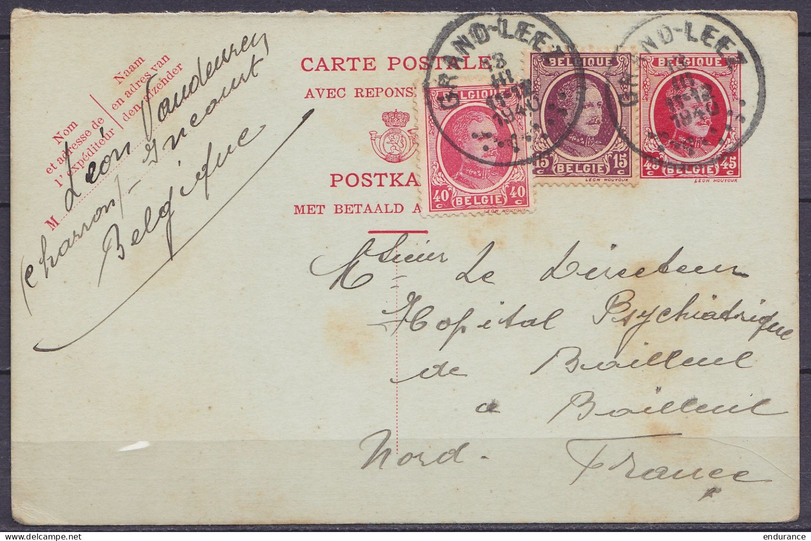 EP CP (sans Partie Réponse) 15c Rouge (type N°190) + N°195+202 De Incourt Càd GRAND-LEEZ /13 III 1940 Pour BAILLEUL Fran - Postcards 1934-1951