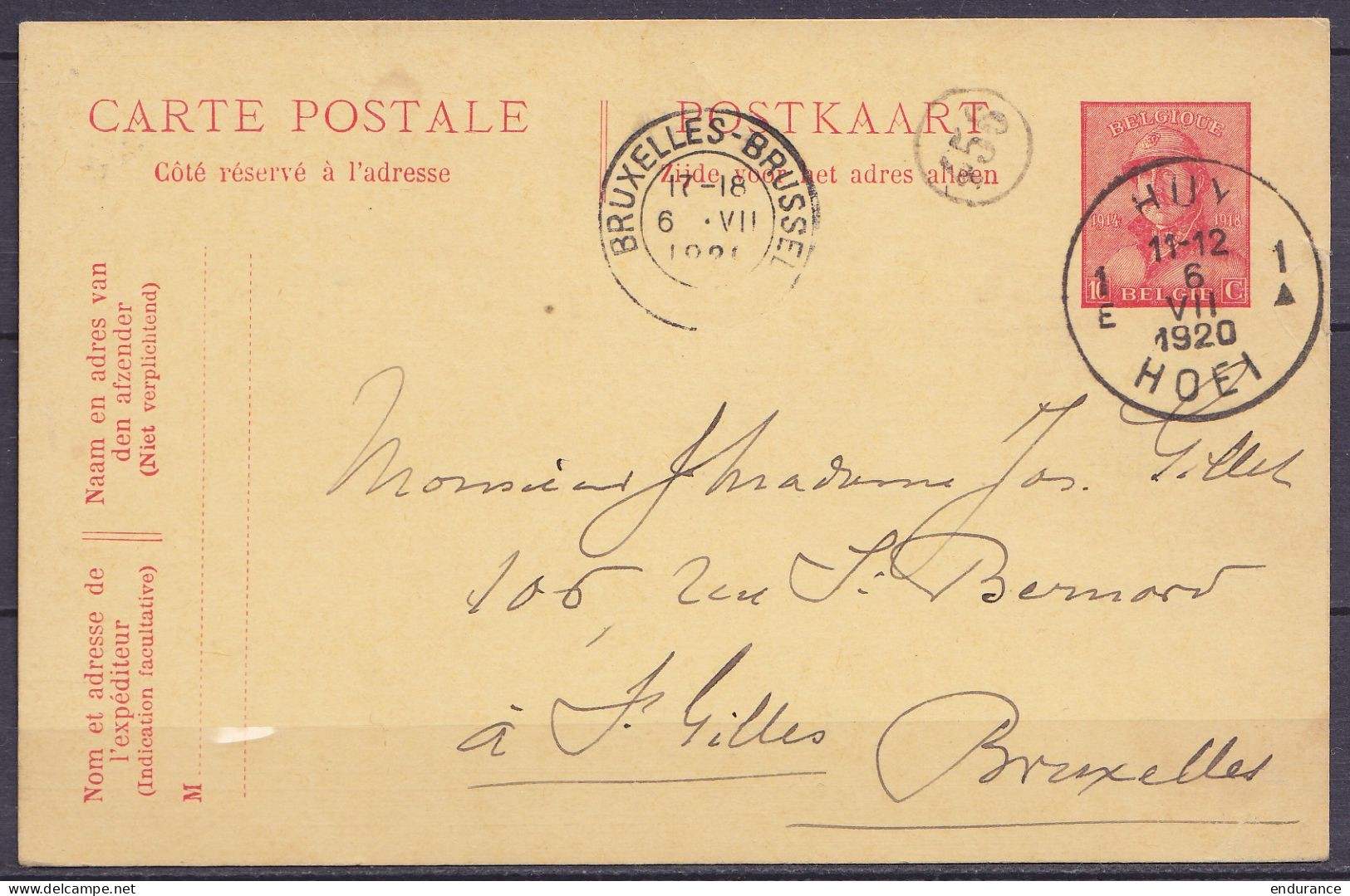 EP CP 10c Rouge (type N°165) Càd HUY /6 VII 1920/ HOEI Pour SAINT-GILLES Bruxelles - Cartes Postales 1909-1934
