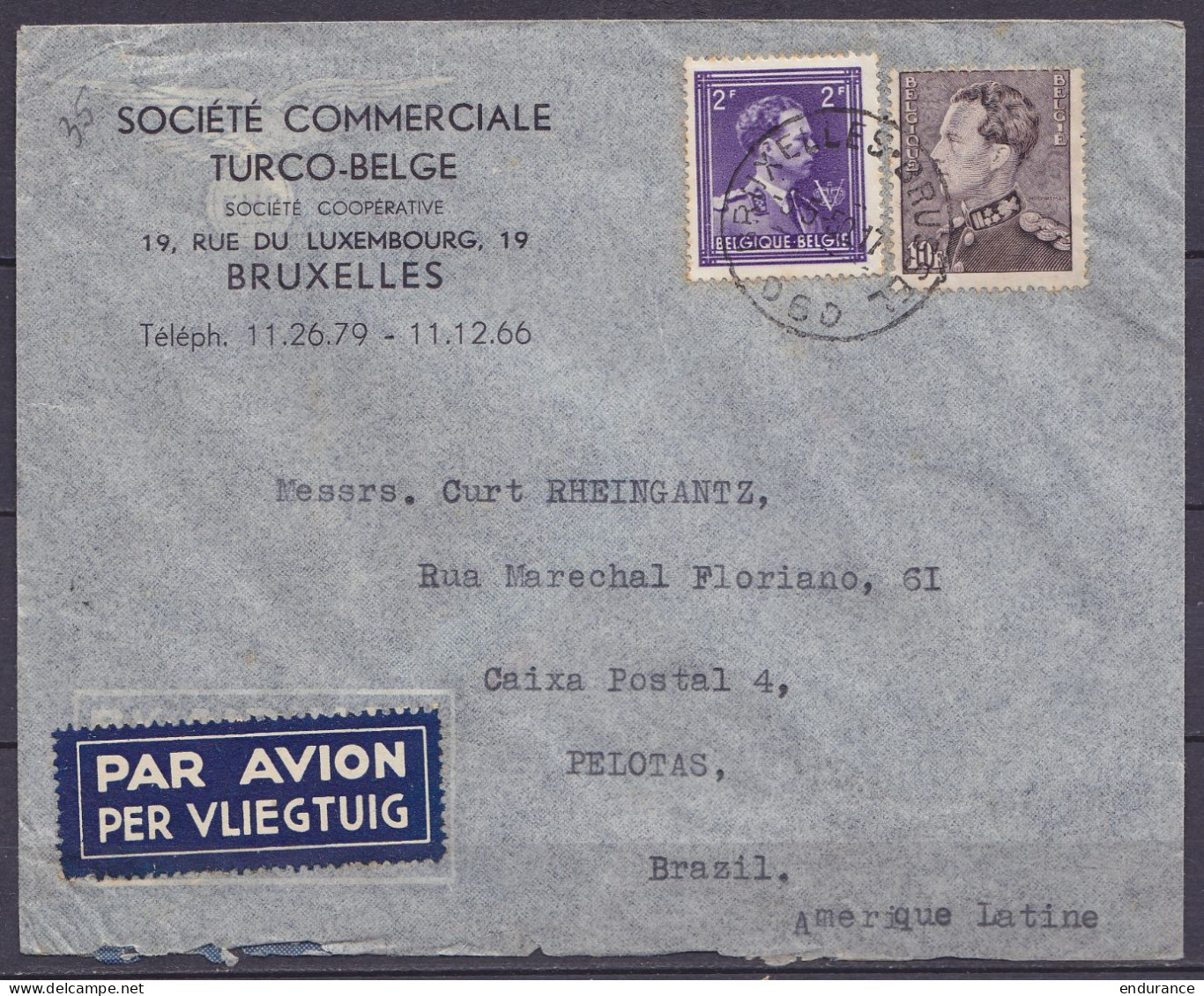 Env. Par Avion "Société Commerciale Turco-Belge" Affr. N°434B+693 Càd BRUXELLES-BRUSSEL /-5-5-1950 Pour PELOTAS Brésil ( - 1936-51 Poortman