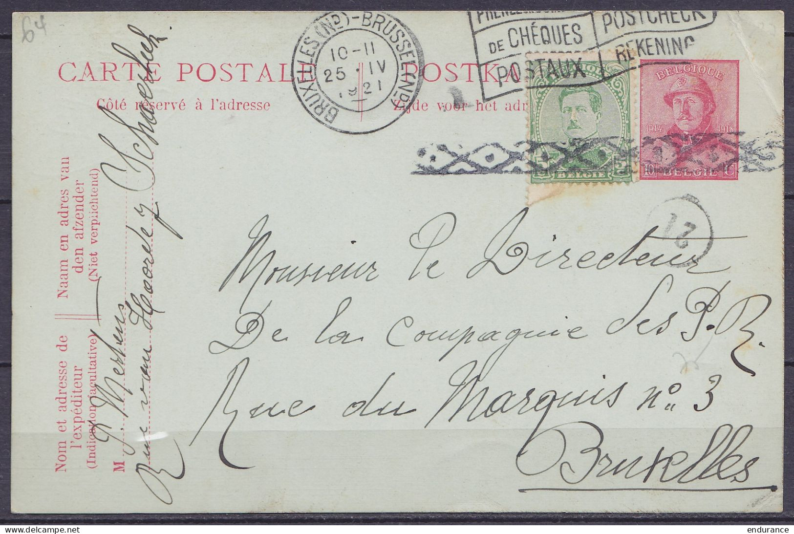 EP CP 10c Rouge (type N°165) + N°137 Flam. "BRUXELLES (Nd) /25.IV 1921/ BRUSSEL (Nd)" + Annul. Roulette Pour E/V - Postkarten 1909-1934