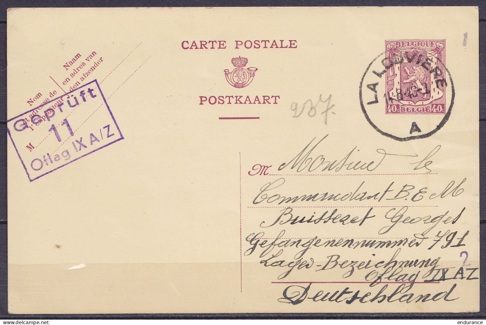 EP CP 40c Lilas (type N°479) Càd LA LOUVIERE /14-8-1940 Pour Officier Belge Prisonnier Au Camp Oflag IX A/Z En Allemagne - Weltkrieg 1939-45 (Briefe U. Dokumente)