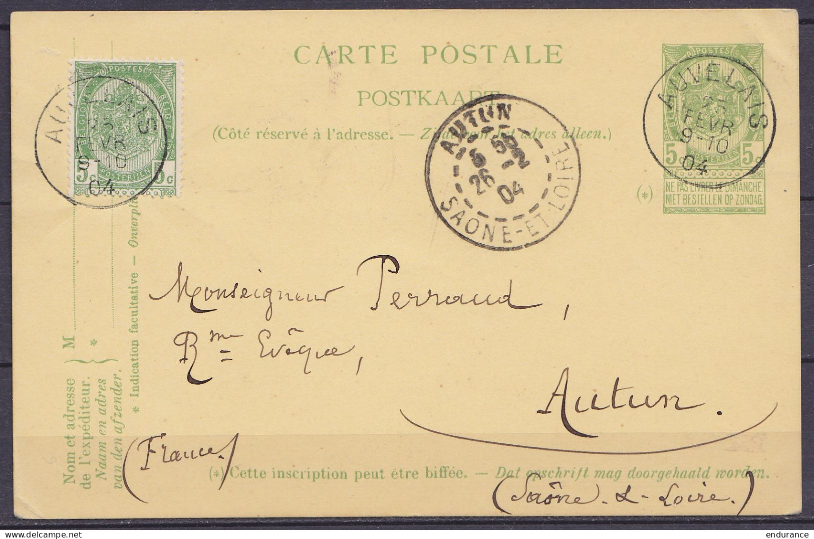 EP CP 5c Vert (type N°56) + N°56 Càd AUVELAIS /25 FEVR 1904 Pour AUTUN (Saône & Loire)  - Cartoline 1871-1909