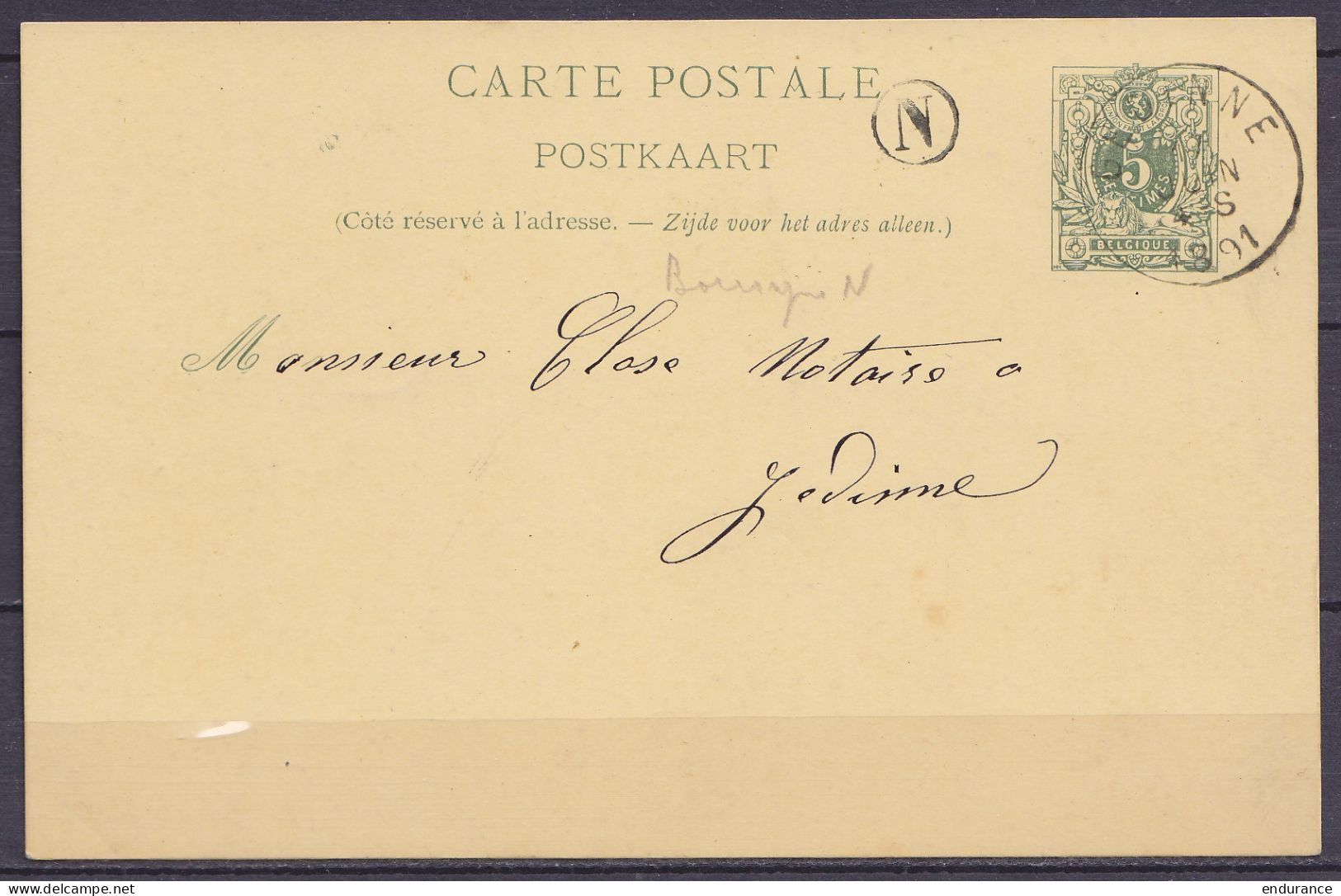 EP CP 5c Vert-gris (type N°45) Càd GEDINNE /17 JUIN 1891 Pour E/V - Boîte Rurale "N" - Briefkaarten 1871-1909