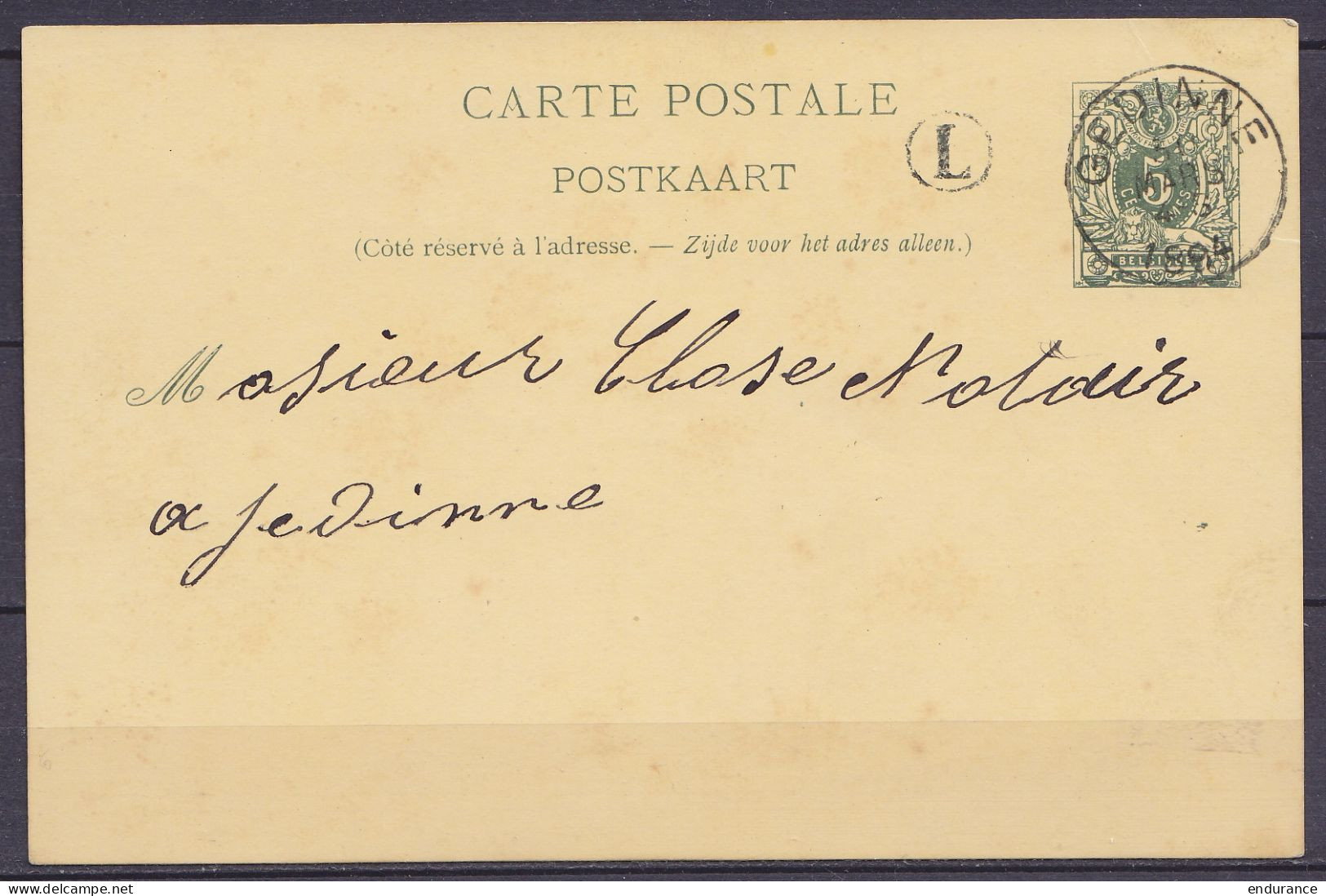 EP CP 5c Vert-gris (type N°45) De Bourseigne-Neuve Càd GEDINNE /30 MARS 1894 Pour E/V - Boîte Rurale "L" - Briefkaarten 1871-1909