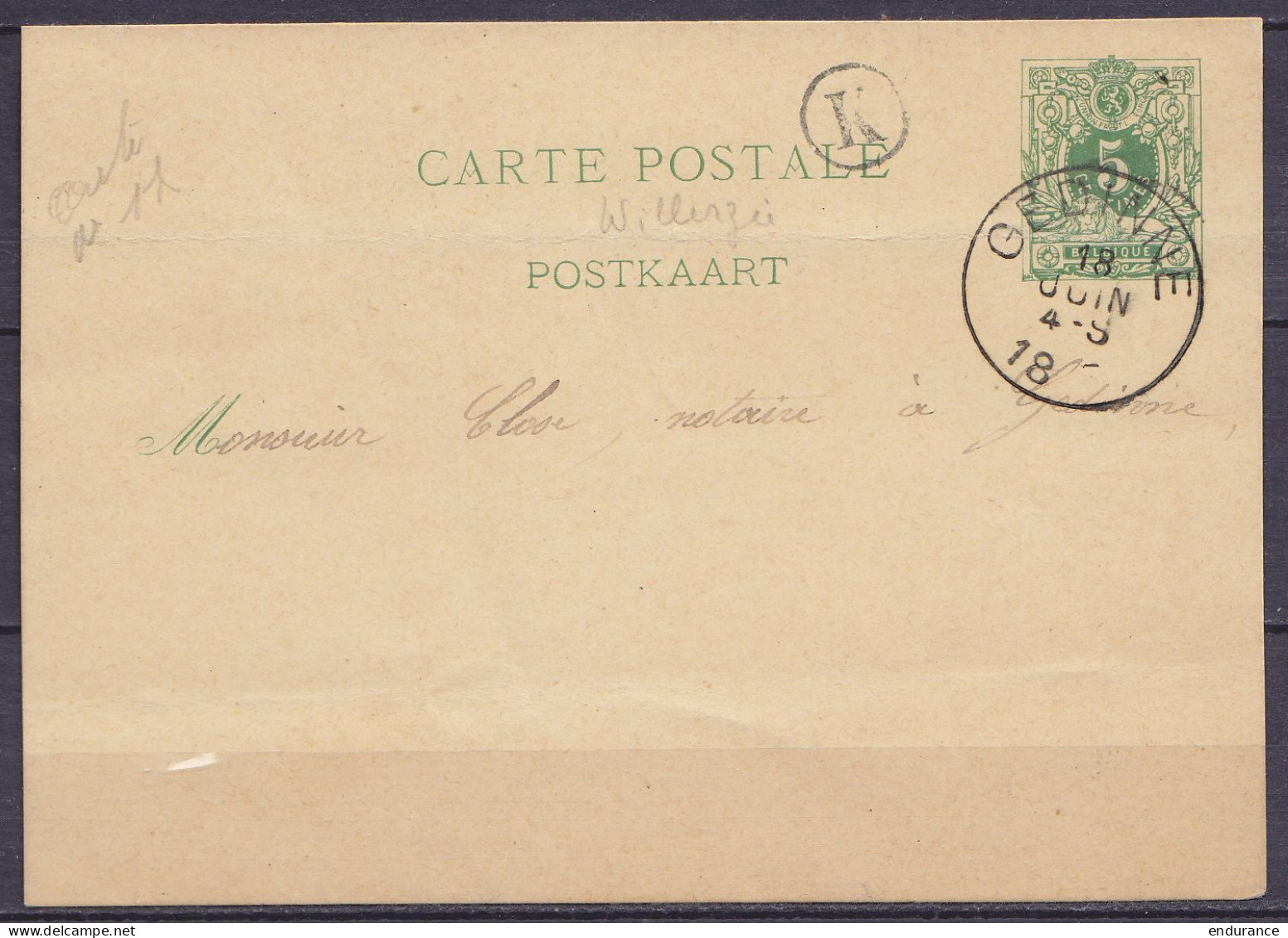 EP CP 5c Vert (type N°45) De Willerzée Càd GEDINNE /18 JUIN 1885 Pour E/V - Boîte Rurale "K" - Postkarten 1871-1909