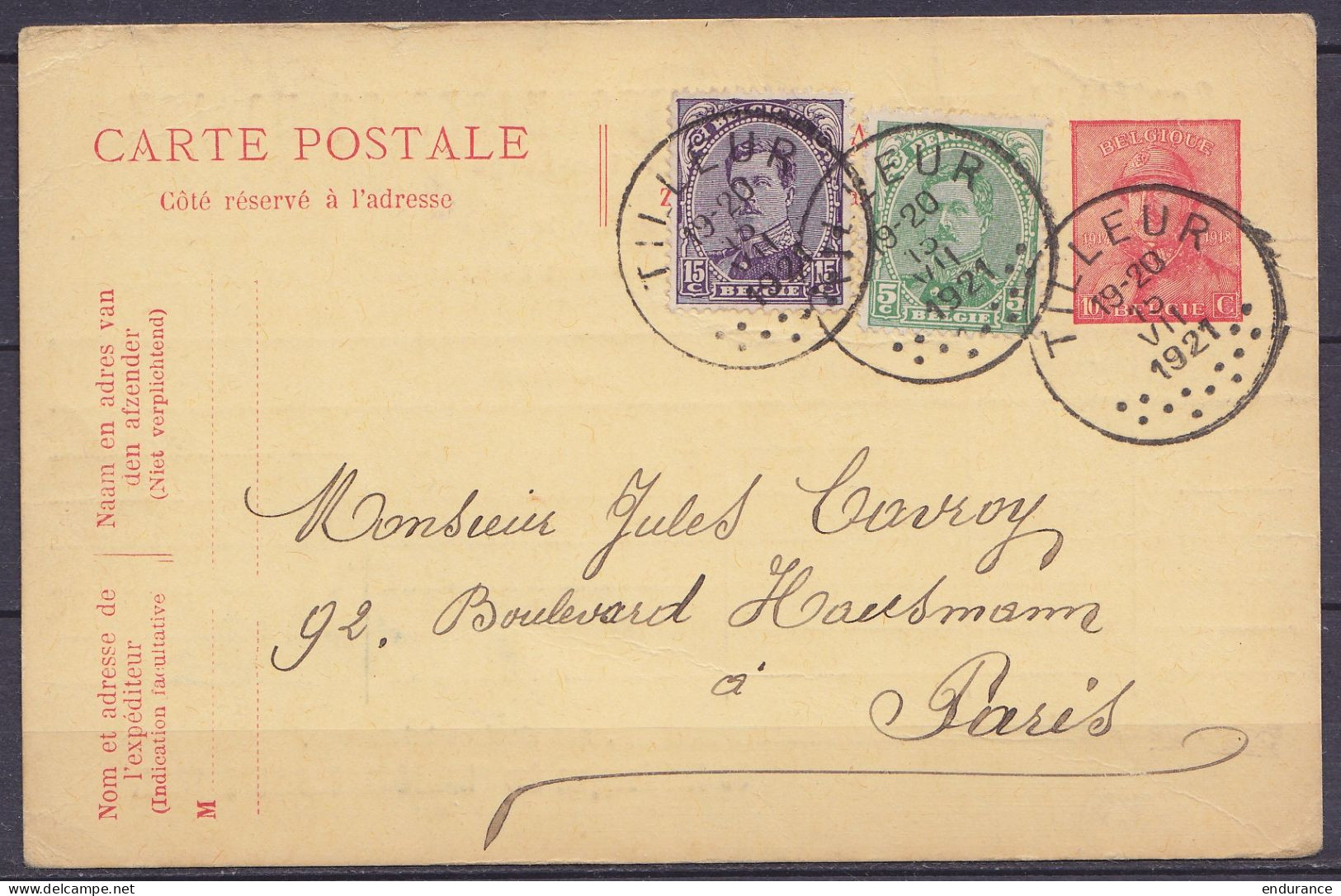 EP CP 10c Rouge (type N°165) Repiqué "Charbonnages Du Horloz" + N°137+139 Càd TILLEUR /15 VII 1921 Pour PARIS - Briefkaarten 1909-1934