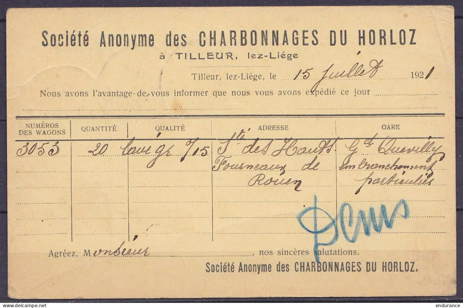 EP CP 10c Rouge (type N°165) Repiqué "Charbonnages Du Horloz" + N°137+139 Càd TILLEUR /15 VII 1921 Pour PARIS - Postcards 1909-1934