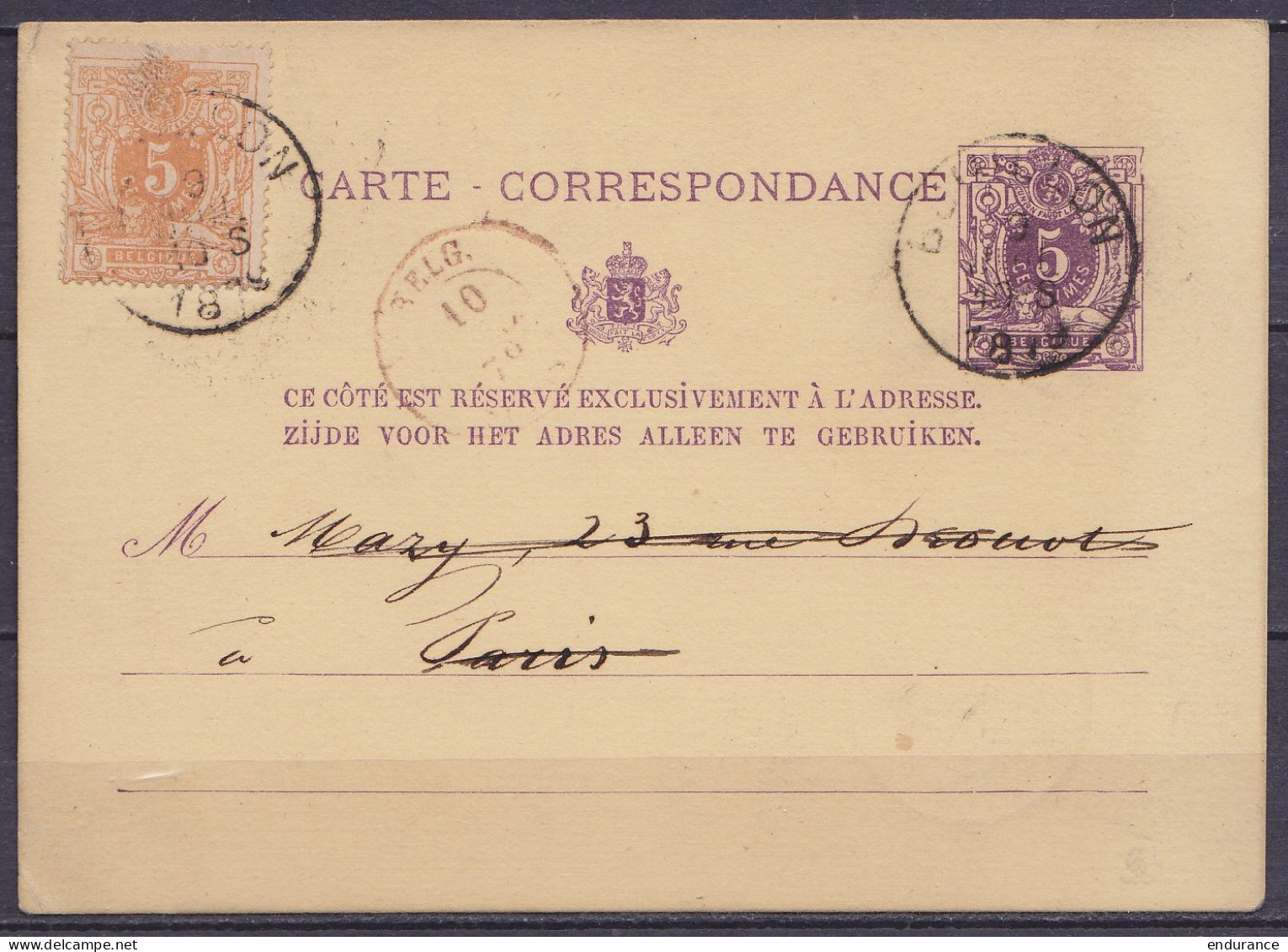 EP Carte-correspondance 5c Mauve (type N°28) + N°28 Càd BOUILLON /9 JUIN 1879 Pour PARIS - Cartoline 1871-1909