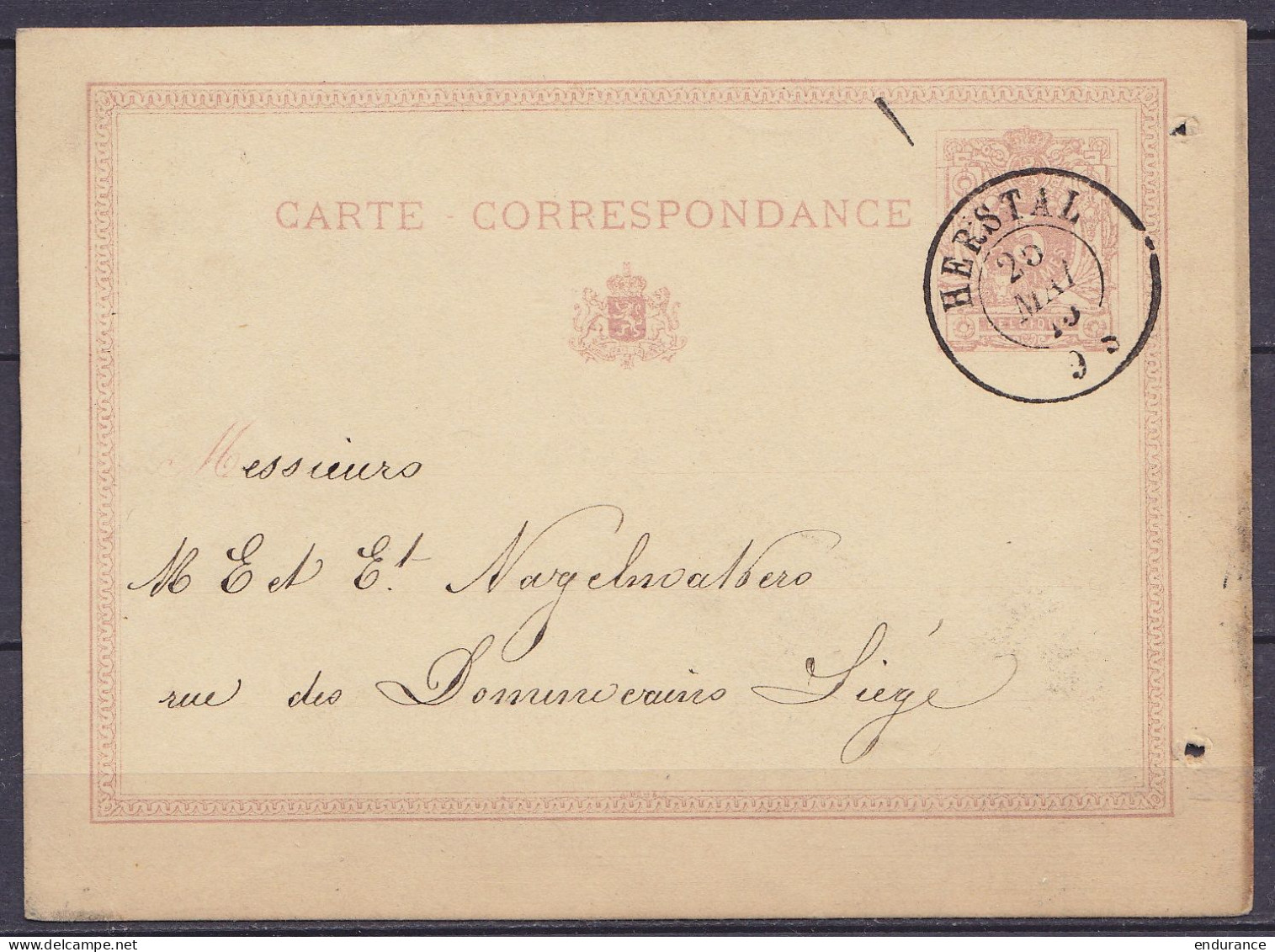 EP Carte-correspondance 5c Lilas-rose (type N°28) Càd DC HERSTAL /25 MAI 1875 Pour LIEGE - Briefkaarten 1871-1909