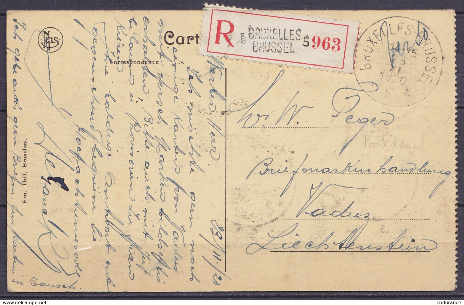 CP "Grand Place" En Recommandé Affr. N°135+2x136+140+168 Càd BRUXELLES-BRUSSEL /25 XI 1920 Pour VADUZ Liechtenstein - 1915-1920 Albert I.