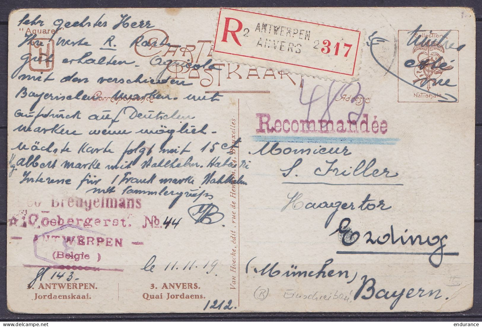 CP "Quai Jordaens" En Recommandé Affr. N°135+2x136+137+139+168 Càd ANTWERPEN-ANVERS/ 13 XI 1919 Pour ERDING München Bavi - 1915-1920 Alberto I