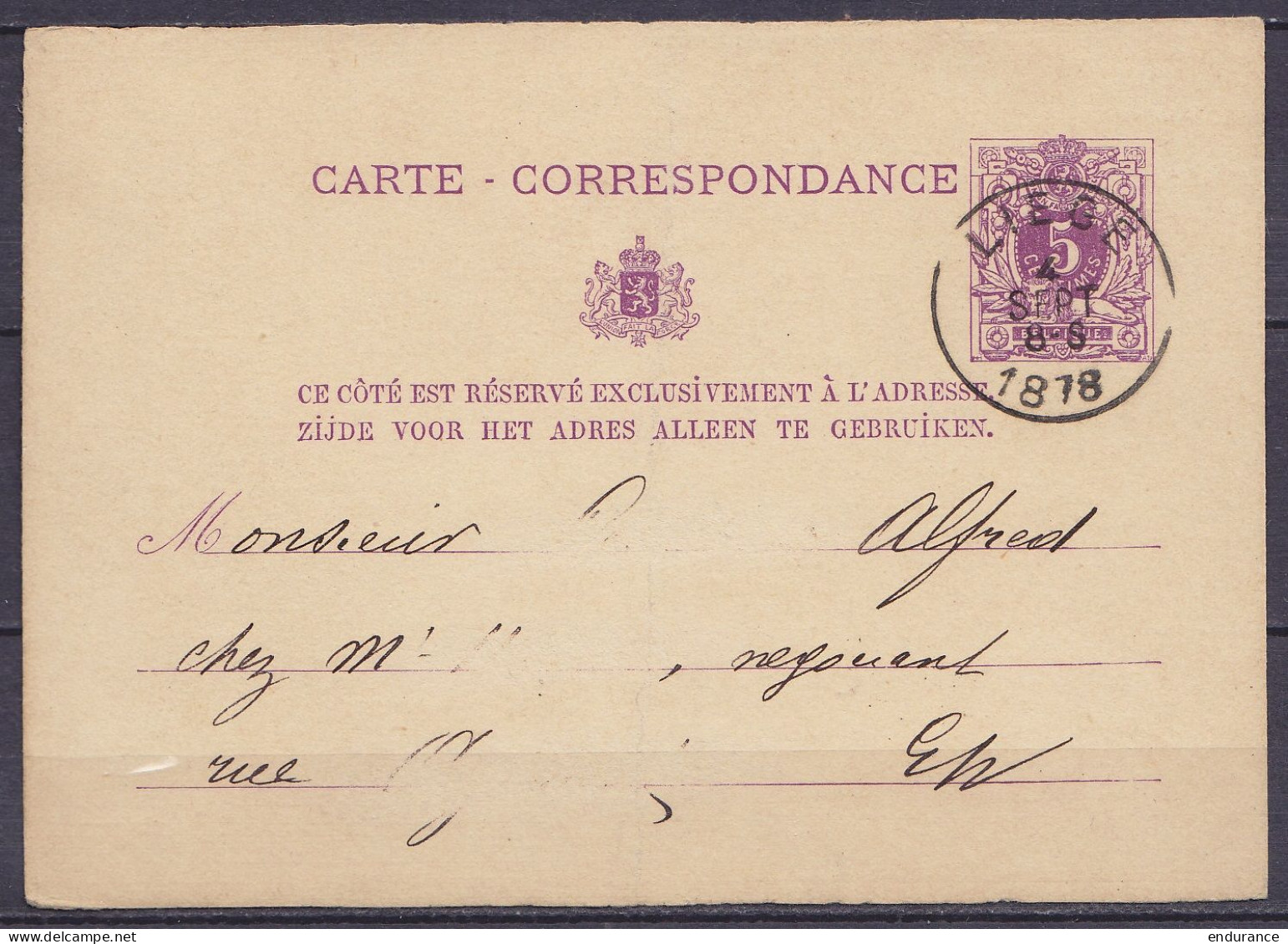 EP Carte-correspondance 5c Violet (type N°28) Repiqué "Pianos, Orgues, … Ch. Gevaert" Càd LIEGE /4 SEPT 1878 Pour E/V - Briefkaarten 1871-1909