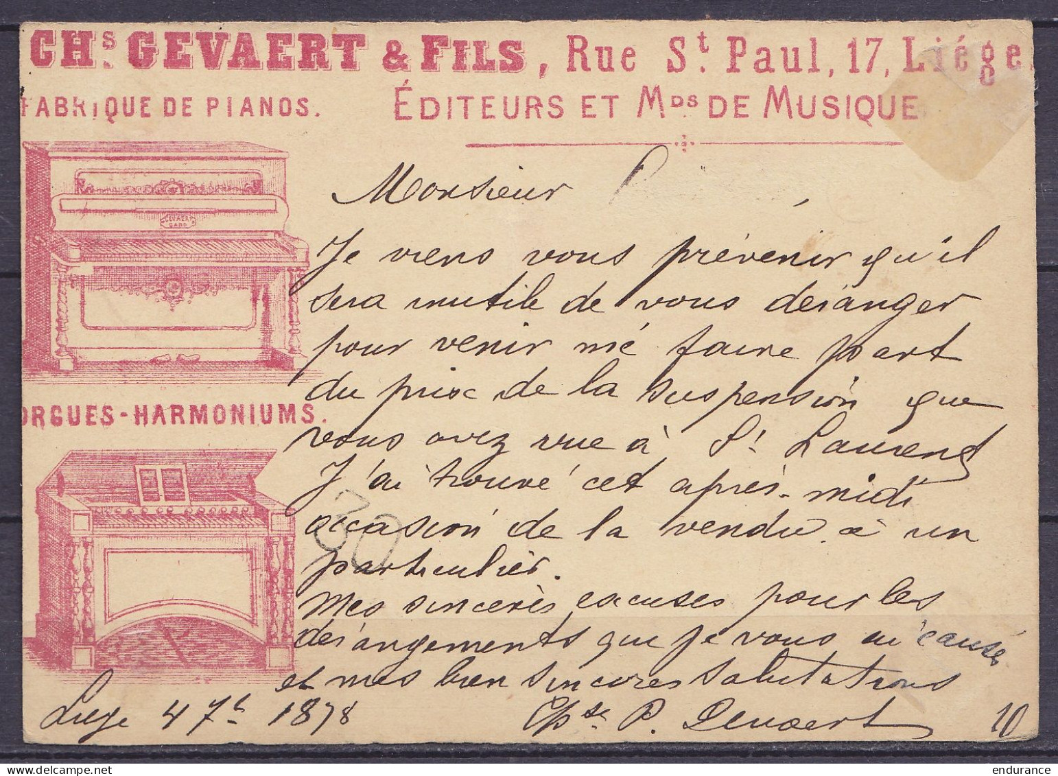 EP Carte-correspondance 5c Violet (type N°28) Repiqué "Pianos, Orgues, … Ch. Gevaert" Càd LIEGE /4 SEPT 1878 Pour E/V - Postkarten 1871-1909