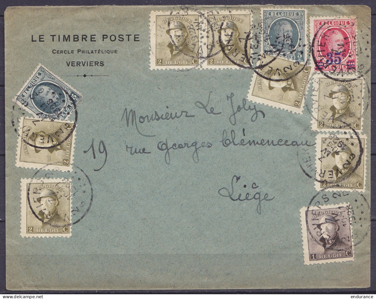 Env. "Cercle Philatélique Le Timbre Poste" Affr. 7x N°166 + 2x N°193 + 247 Càd VERVIERS /7 IV 1928 Pour LIEGE - 1919-1920 Albert Met Helm