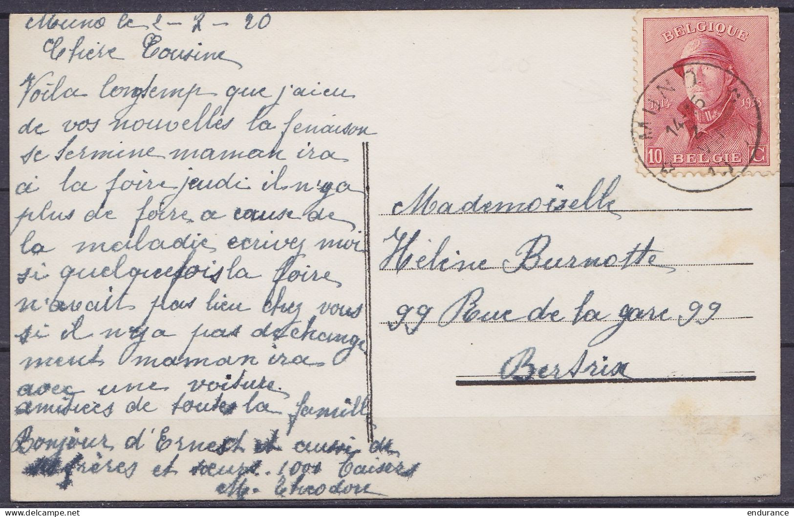 CP Fantaisie Affr. N°168 Càd Relais *MUNO* /2 VII 1920 Pour BERTRIX - 1919-1920 Roi Casqué