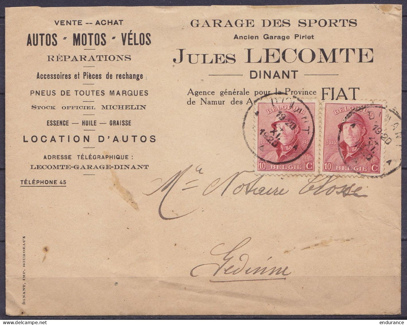 Env. "Autos-Motos-Vélos / Garage Des Sports J. Lecomte" Affr. 2x N°168 Càd DINANT /24 XI 1920 Pour GEDINNE (au Dos: Càd  - 1919-1920 Behelmter König