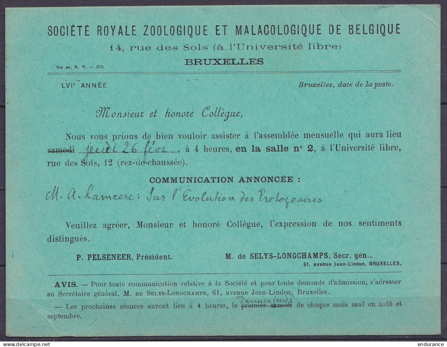 Carte Imprimé "Société Zoologique Et Malacologique De Belgique" Affr. N°167 Flam. BRUXELLES (Q.L.) /23.II 1920/ BRUSSEL  - 1919-1920  Re Con Casco