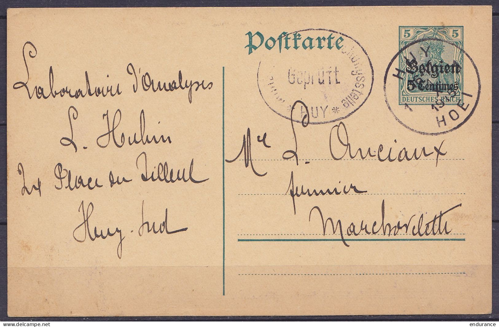 EP CP 5c Vert (type OC2) Càd HUY /1 X 1915/ HOEI Pour MARCHOVELETTE - Cachet Oval Censure "Militärische Ueberwachungsste - Duitse Bezetting