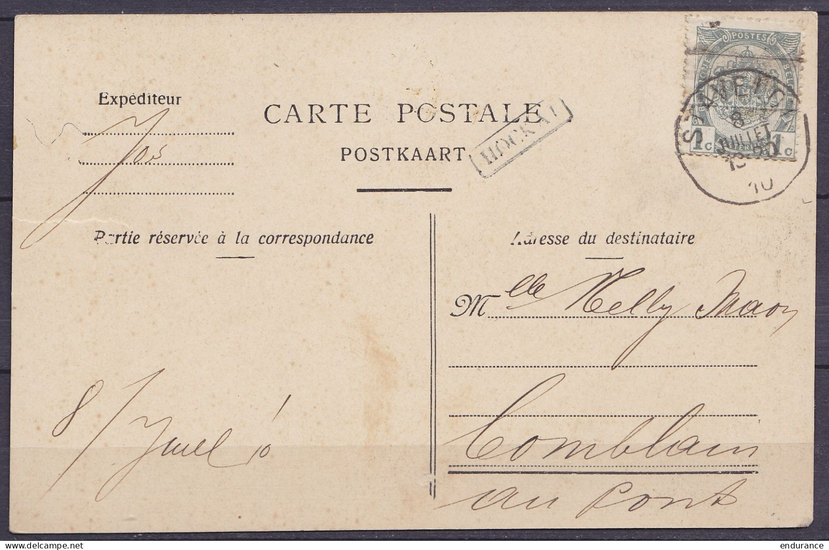 CP "Sart-lez-Spa La Hoègne" Affr. N°53 Càd STAVELOT /8 JUILLET 1910 Pour COMBLAIN-AU-PONT - Griffe [HOCKAI] - Légère Déc - 1893-1907 Stemmi