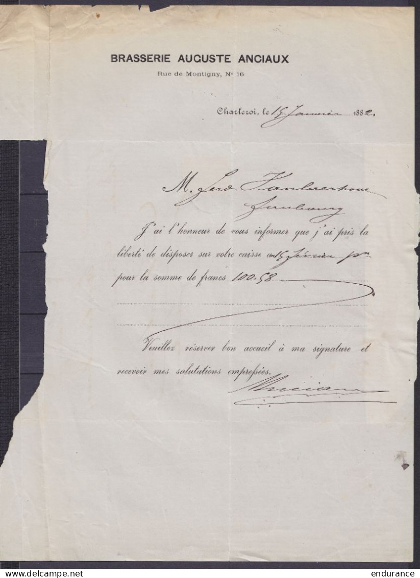 L. "Brasserie Auguste Anciaux" Affr. N°30 Càd CHARLEROI /14 JANV 1882 Pour Faubourg (de Charleroi) (au Dos: Càd Arrivée) - 1869-1883 Léopold II