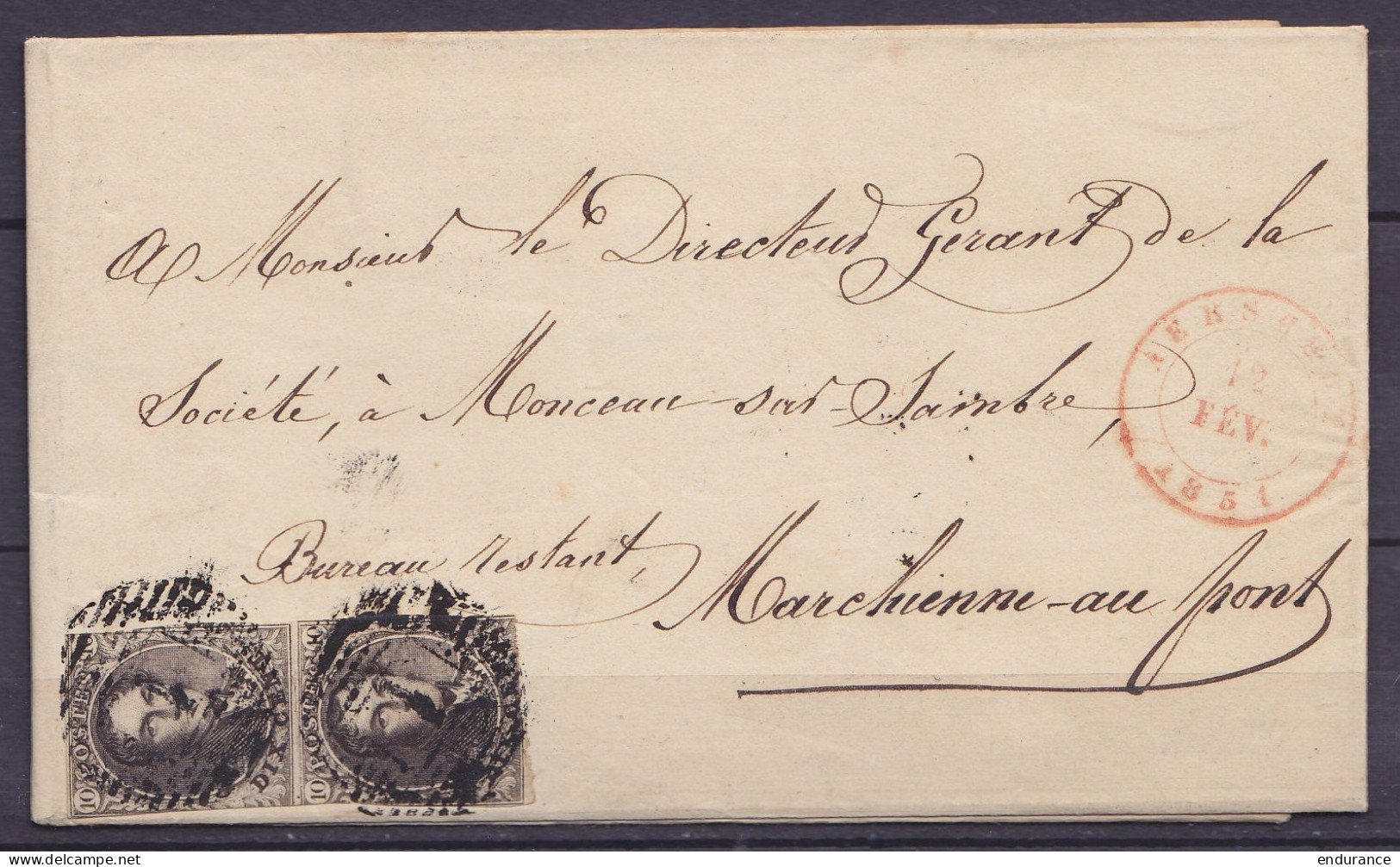 L. Affr. Paire Verticale N°3 P1 Càd AERSCHOT /12 FEV. 1851 Pour Bureau Restant à MARCHIENNE-AU-PONT (au Dos: Càd Arrivée - 1849-1850 Medallions (3/5)