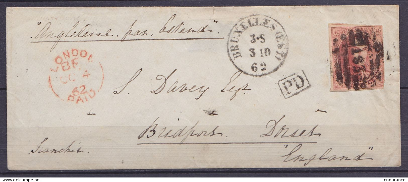 Env. Affr. N°12 Oblit. 8 Barres [EST] Càd BRUXELLES (EST) /3-10-1862 Pour BRIDPORT Dorset - [PD] - Man. "Angleterre Par  - 1858-1862 Medaillen (9/12)