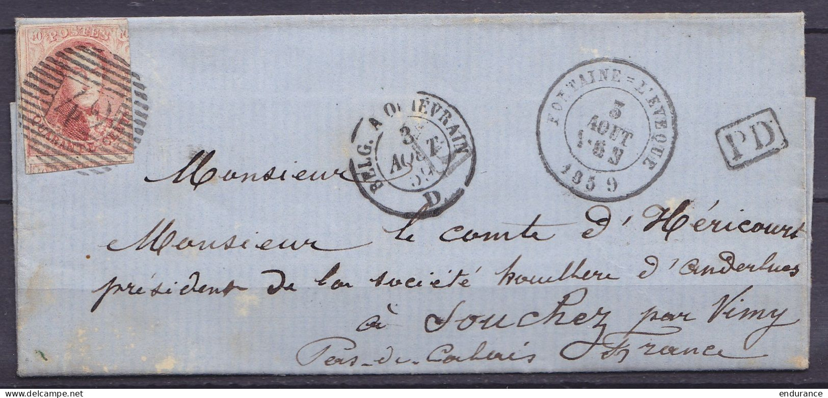 L. Datée 3 Août 1855 De Mont-Ste-Aldegonde Affr. N°12A P42 Càd FONTAINE-L'EVEQUE /3 AOUT 1859 Pour SOUCHEZ Par Vimy Fran - 1858-1862 Medallions (9/12)