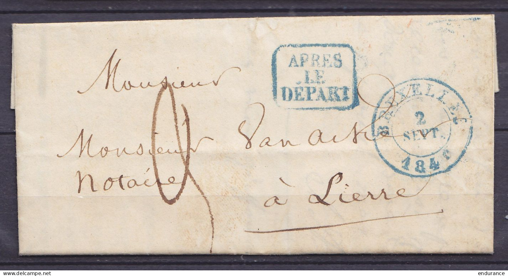 L. Càd BRUXELLES /2 SEPT. 1840 Pour LIERRE - Marque [APRES LE DEPART] - Port "3" (au Dos: Càd Arrivée LIERRE) - 1830-1849 (Unabhängiges Belgien)