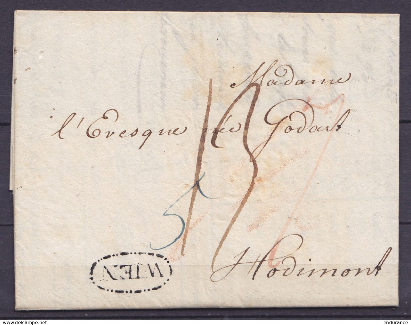 Lettre-circulaire Datée 2 Janvier 1821 De VIENNE (Autriche) Pour HODIMONT - Marque Ovale "WIEN" - Ports Divers (au Dos:  - 1815-1830 (Periodo Holandes)