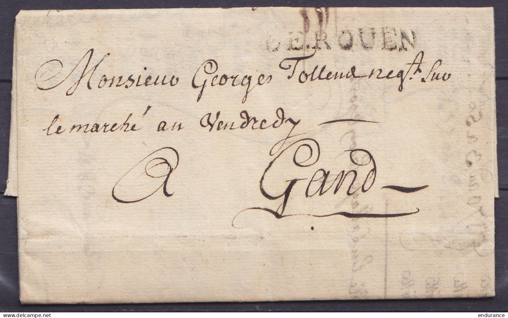 L. Datée 28 Août 1736 De ROUEN Pour GAND - Griffe " DE ROUEN" - 1714-1794 (Austrian Netherlands)