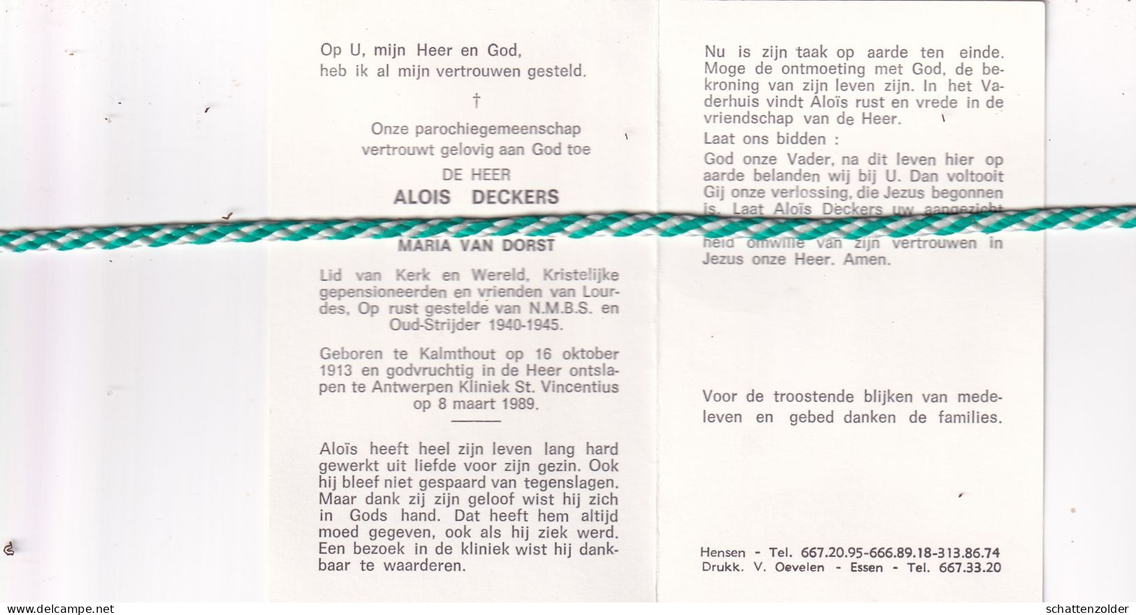 Alois Deckers-Van Dorst, Kalmthout 1913, Antwerpen 1989. Oud-strijder 40-45 - Todesanzeige