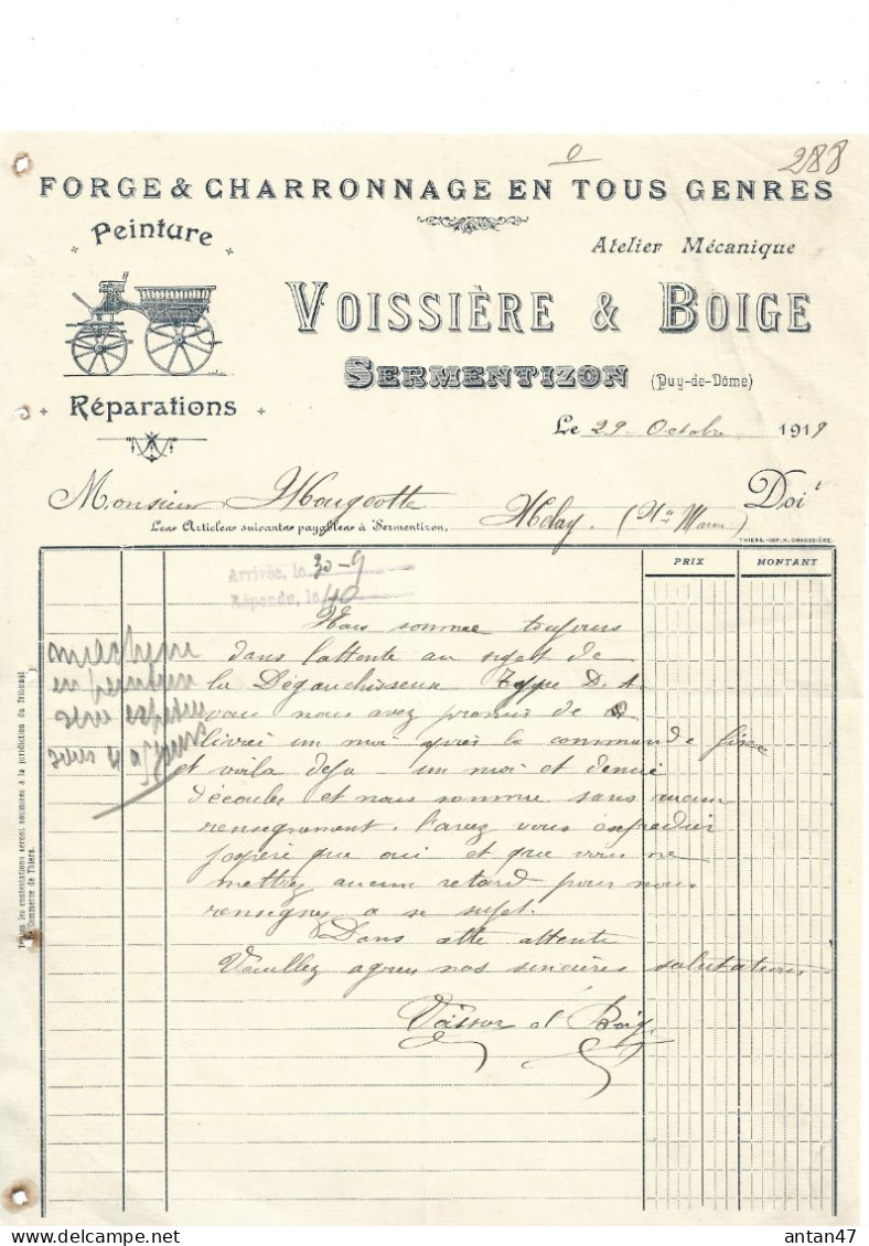 Facture Illustrée 1919 / 63 SERMENTIZON / Forge & Charronnage VOISSIERE BOIGE - 1900 – 1949