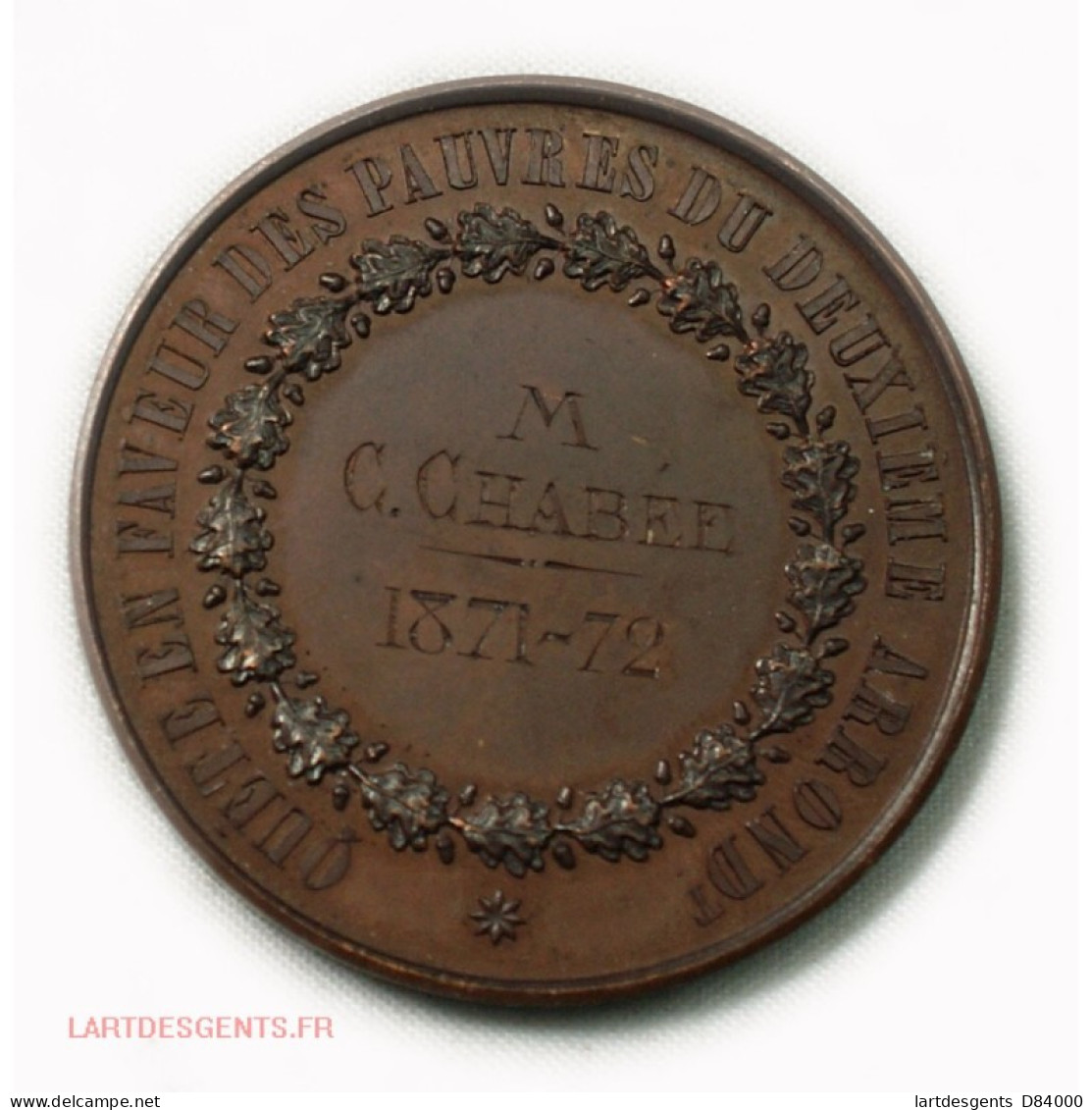 Médaille Quête Pour Les Pauvres 2ème Arrond. Paris 1871-72, Lartdesgents - Professionali / Di Società