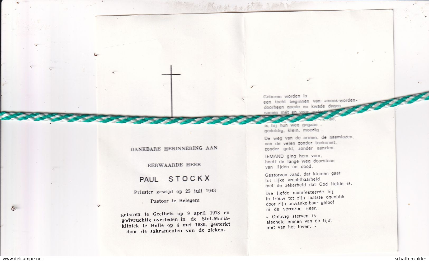 Priester Paul Stockx, Geetbets 1918, Halle 1980. Pastoor Relegem. Foto - Décès