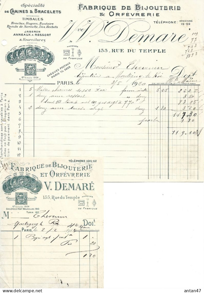 Factures ½ Format 1920 + Facturette 1914 / 75003 PARIS / Fabrique De Bijouterie & Orfèvrerie DEMARE - 1900 – 1949